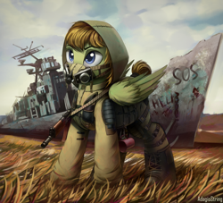 Size: 2200x2000 | Tagged: safe, artist:adagiostring, oc, oc:donnik, pegasus, pony, aks-74u, cup, detailed background, gas mask, gun, high res, mask, rifle, s.t.a.l.k.e.r., ship, solo, stalker, weapon