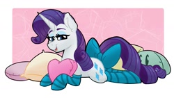 Size: 1583x891 | Tagged: safe, artist:cadetredshirt, rarity, pony, unicorn, g4, bedroom eyes, blue eyes, bow, clothes, commission, curly mane, curly tail, digital art, ear fluff, eyelashes, eyeshadow, female, heart, heart pillow, horn, hug, looking at you, lying down, makeup, mare, open mouth, open smile, pillow, pillow hug, prone, purple mane, purple tail, shading, smiling, smiling at you, smug, socks, solo, striped socks, tail, tail bow, ych result