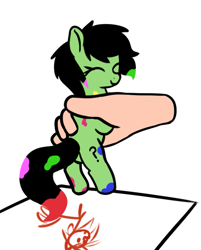 Size: 609x757 | Tagged: safe, artist:neuro, oc, oc:filly anon, earth pony, human, pony, cute, drawing, eyes closed, female, filly, foal, hand, happy, holding a pony, in goliath's palm, ocbetes, painting, simple background, size difference, smiling, solo focus, stick pony, white background