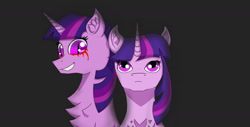 Size: 1635x828 | Tagged: safe, artist:nismorose, linky, twilight sparkle, oc, oc:midnight sparkle, pony, unicorn, g4, black background, blood, chest fluff, crying, ear fluff, evil smile, evil twilight, eyelashes, fanfic art, female, grin, horn, looking at you, mare, midnight sparkle, sharp teeth, simple background, slit pupils, smiling, story included, tears of blood, teary eyes, teeth, unicorn twilight, youtube link in the description