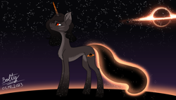 Size: 3662x2080 | Tagged: safe, artist:lightning bolty, oc, oc only, oc:blackhole, oc:event horizon, black hole pony, pony, unicorn, accretion disk, black hole, black hole tail, coat markings, colored belly, concave belly, ear fluff, ethereal mane, event horizon, facial markings, female, gradient background, gradient eyes, gradient hooves, gradient horn, high res, horn, mare, pale belly, ponified, short mane, signature, slender, socks (coat markings), solo, space, standing, starry hooves, starry mane, starry tail, stars, tail, thin, unicorn oc