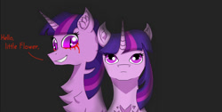 Size: 1641x828 | Tagged: safe, artist:nismorose, twilight sparkle, oc, oc:midnight sparkle, pony, unicorn, g4, black background, blood, chest fluff, crying, dialogue, ear fluff, evil grin, evil twilight, eyelashes, fanfic art, fanfic in the description, female, grin, horn, link in description, looking at someone, looking at you, mare, midnight sparkle, sharp teeth, simple background, slit pupils, smiling, speech, talking, tears of blood, teary eyes, teeth, text, unicorn twilight, youtube link in the description