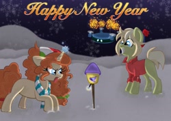 Size: 2048x1448 | Tagged: artist needed, safe, oc, oc only, oc:milli, oc:reginette, earth pony, pony, unicorn, earth pony oc, eponafest, fireworks, fuse, glowing, glowing horn, happy new year, holiday, horn, pyrokinesis, snow, snowfall, text, unicorn oc