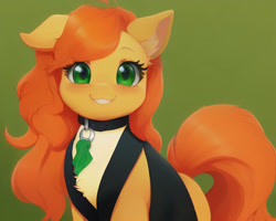 Size: 960x768 | Tagged: safe, ai assisted, ai content, artist:darbarri, derpibooru exclusive, generator:stable diffusion, oc, oc only, oc:anna pine, earth pony, pony, clothes, collar, cute, ear fluff, female, looking at you, mare, simple background, smiling, solo, suit
