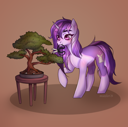 Size: 2832x2808 | Tagged: safe, artist:maslo<3, oc, oc only, oc:dreaming bell, pony, unicorn, bonsai, commission, female, high res, horn, mare, plants, scissors, solo, tree, unicorn oc, ych result