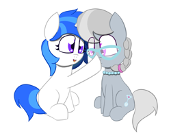 Size: 1691x1381 | Tagged: safe, artist:sapphireponipone, silver spoon, oc, oc:sapphire dawn, earth pony, pony, unicorn, g4, boop, duo, female, filly, foal, glasses, horn, simple background, sitting, white background