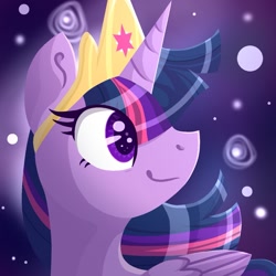 Size: 1165x1165 | Tagged: safe, artist:lindasaurie, derpibooru exclusive, twilight sparkle, alicorn, pony, g4, crown, eye clipping through hair, female, jewelry, lineless, mare, regalia, side view, smiling, solo, space, stars, twilight sparkle (alicorn)