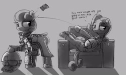 Size: 2280x1372 | Tagged: safe, artist:uteuk, shady, oc, oc:natrix capefiv, earth pony, pony, g1, armor, black and white, can, couch, duo, elite rior gear, fallout, fallout: new vegas, female, grayscale, helmet, mare, monochrome, ncr ranger, simple background, stealth armor, throwing