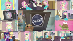 Size: 1280x721 | Tagged: safe, editor:quoterific, applejack, fluttershy, sci-twi, twilight sparkle, bird, cat, dog, human, mouse, rabbit, tortoise, equestria girls, g4, my little pony equestria girls: better together, outtakes (episode), animal