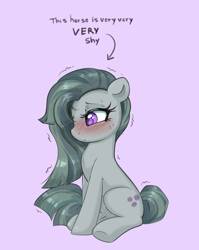 Size: 2840x3564 | Tagged: safe, artist:confetticakez, marble pie, earth pony, pony, g4, blushing, cute, female, hair over one eye, high res, marblebetes, mare, motion lines, nervous, nervous sweat, purple background, shy, simple background, sitting, solo, sweat, text, that pony sure is shy