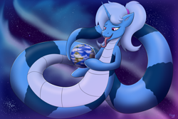 Size: 3000x2000 | Tagged: safe, artist:triksa, oc, oc only, oc:triksa, lamia, original species, earth, high res, implied vore, macro/micro, planet, size difference, space, tongue out