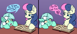Size: 5120x2288 | Tagged: safe, artist:witchtaunter, bon bon, lyra heartstrings, sweetie drops, earth pony, pony, unicorn, g4, angry, book, chest fluff, comic, ear fluff, faic, female, frown, l.u.l.s., lesbian, reading, ship:lyrabon, shipping, simple background, speech bubble