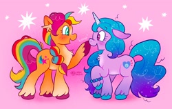 Size: 2048x1298 | Tagged: safe, artist:alexbeeza, izzy moonbow, sunny starscout, earth pony, pony, unicorn, g5, blushing, boop, cute, duo, duo female, female, izzybetes, lesbian, looking at each other, looking at someone, mane stripe sunny, scene interpretation, ship:moonscout, shipping, smiling, sunnybetes