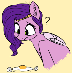 Size: 798x808 | Tagged: safe, artist:pinkberry, pipp petals, pegasus, pony, g5, adorapipp, colored sketch, confused, cute, doodle, egg, female, looking down, mare, question mark, simple background, sketch, solo, yellow background