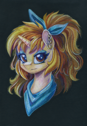 Size: 834x1200 | Tagged: safe, artist:maytee, oc, oc only, oc:kohaku, pony, unicorn, bust, colored pencil drawing, ear piercing, earring, jewelry, neckerchief, piercing, portrait, solo, traditional art