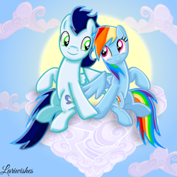 Size: 1300x1300 | Tagged: safe, artist:mlplary6, rainbow dash, soarin', pegasus, pony, g4, boyfriend and girlfriend, cloud, duo, female, floating, floating heart, heart, holding hooves, looking at each other, looking at someone, love, male, mare, romantic, ship:soarindash, shipping, sitting, sky, smiling, smiling at each other, stallion, straight, sun
