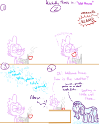 Size: 4779x6013 | Tagged: safe, artist:adorkabletwilightandfriends, spike, starlight glimmer, dragon, pony, unicorn, comic:adorkable twilight and friends, g4, adorkable, adorkable friends, comic, content, cute, dialogue, dork, drinking, dripping, duo, friendship, happy, humor, kitchen, mug, newspaper, onomatopoeia, puddle, rain, reading, simple background, sitting, slice of life, soaked, sound effects, teasing, unhappy, weather, wet, wet mane, wet starlight glimmer, white background