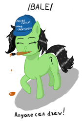 Size: 562x827 | Tagged: safe, artist:raritymylove, oc, oc only, oc:filly anon, earth pony, pony, :3, brush, cap, cute, earth pony oc, eyes closed, female, filly, hat, mouth hold, paint, paintbrush, simple background, solo, white background