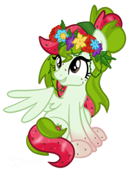 Size: 1564x2029 | Tagged: safe, artist:sjart117, oc, oc only, oc:watermelana, pegasus, pony, female, floral head wreath, flower, flower in hair, freckles, gradient hooves, hippie, mare, pegasus oc, simple background, sitting, smiling, transparent background