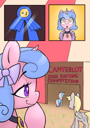 Size: 2480x3508 | Tagged: safe, artist:ahobobo, derpy hooves, linky, royal ribbon, shoeshine, pegasus, pony, unicorn, comic:royal ribbon eating, g4, blue ribbon, bow, butt, comic, eating contest, female, hair bow, high res, mare, open mouth, plot, smiling, starry eyes, this will end in weight gain, wingding eyes