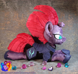 Size: 2425x2304 | Tagged: safe, artist:1stastrastudio, tempest shadow, pony, unicorn, g4, armor, broken horn, commission, female, high res, horn, irl, lying down, mare, photo, plushie, prone, solo