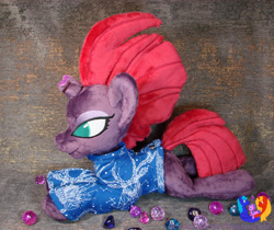 Size: 2747x2304 | Tagged: safe, artist:1stastrastudio, tempest shadow, pony, unicorn, g4, broken horn, clothes, commission, female, high res, horn, irl, lying down, mare, photo, plushie, prone, shirt, solo, sweater
