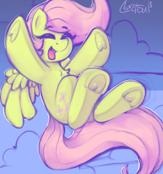 Size: 1645x1757 | Tagged: safe, artist:llametsul, fluttershy, pegasus, pony, g4, chest fluff, colored sketch, cute, eyebrows, eyebrows visible through hair, eyes closed, female, frog (hoof), happy, hoofbutt, mare, open mouth, open smile, shyabetes, smiling, solo, underhoof