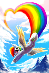 Size: 1217x1830 | Tagged: safe, alternate version, artist:eiolf, rainbow dash, pegasus, pony, g4, cloud, flying, heart, looking at you, mountain, mountain range, rainbow trail, sky, solo, spread wings, wings