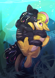 Size: 2304x3284 | Tagged: safe, artist:beardie, oc, oc only, oc:bit assembly, horse, original species, pony, shark, shark pony, belly, bubble, chest fluff, colored belly, crepuscular rays, digital art, duo, ear fluff, equine, high res, kiss on the lips, kissing, lidded eyes, looking at each other, looking at someone, ocean, pale belly, pink eyes, seaweed, shipping, signature, smiling, sunlight, swimming, underwater, water