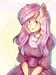 Size: 768x1024 | Tagged: safe, artist:littlexdemon, fluttershy, pegasus, anthro, g4, clothes, dress, female, human facial structure, name, smiling, solo