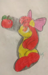 Size: 1547x2382 | Tagged: safe, artist:pegasus_fantaisie, apple bloom, earth pony, pony, g4, apple, apple bloom's bow, bow, female, filly, foal, food, hair bow, solo, traditional art