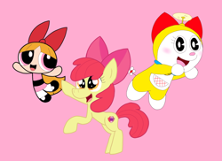 Size: 1280x934 | Tagged: safe, artist:foxxncorno, apple bloom, earth pony, pony, g4, apple bloom's bow, blossom (powerpuff girls), blushing, bow, doraemon, dorami, female, filly, foal, hair bow, pink background, simple background, the powerpuff girls, trio