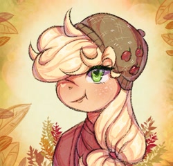 Size: 1536x1473 | Tagged: safe, artist:littlexdemon, applejack, earth pony, pony, g4, bust, cap, female, hair over one eye, hat, heart, heart eyes, leaves, mare, smiling, solo, wingding eyes