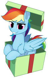 Size: 1529x2487 | Tagged: safe, artist:dacaoo, rainbow dash, pegasus, pony, g4, box, cute, dashabetes, eyebrows, eyebrows visible through hair, female, grin, mare, pony in a box, present, simple background, smiling, solo, transparent background