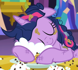 Size: 935x847 | Tagged: safe, screencap, twilight sparkle, alicorn, pony, castle sweet castle, g4, season 5, adorkable, cropped, cuddling, cute, dirty, dork, eyes closed, female, floppy ears, food, hnnng, i'm pancake, majestic as fuck, mare, messy, messy mane, pancakes, puncake, silly, silly pony, sleeping, smiling, snuggling, solo, tired, twiabetes, twilight sparkle (alicorn), twilight's castle, whipped cream