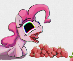 Size: 1839x1530 | Tagged: safe, artist:halfaman, pinkie pie, earth pony, pony, g4, creepy, dilated pupils, eating, food, herbivore, messy eating, notebook, raspberry (food), simple background, solo, tongue out