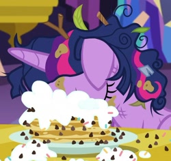 Size: 586x553 | Tagged: safe, screencap, twilight sparkle, alicorn, pony, castle sweet castle, g4, season 5, adorkable, cute, dirty, dork, eyes closed, floppy ears, food, head down, i'm pancake, majestic as fuck, messy, messy mane, pancakes, puncake, sleeping, solo, tired, twiabetes, twilight sparkle (alicorn), twilight's castle, whipped cream