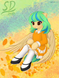 Size: 1713x2253 | Tagged: safe, artist:speedy dashie, pegasus, pony, semi-anthro, arm hooves, clothes, cute, dress, shoes, sitting, socks, solo
