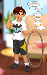 Size: 1250x2000 | Tagged: safe, artist:runningtoaster, part of a set, human, luxray, clothes, commission, dialogue, eye clipping through hair, eyebrows, eyebrows visible through hair, hoop, human to anthro, inanimate tf, instructions, male, male to female, open mouth, plushification, pokémon, reading, rule 63, shirt, shoes, shorts, socks, solo, speech bubble, transformation, transformation ring, transformation sequence, transgender transformation