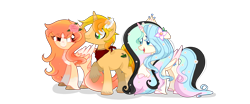 Size: 8400x3500 | Tagged: safe, artist:daisydiamond, oc, oc only, oc:daisy diamond, oc:primrose tea, oc:rustic rails, alicorn, pegasus, pony, unicorn, 2023 community collab, derpibooru community collaboration, alicorn oc, female, full body, horn, male, mare, pegasus oc, simple background, smiling, stallion, standing, transparent background, trio, unicorn oc, wings