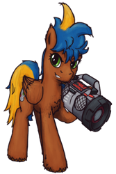 Size: 800x1200 | Tagged: safe, artist:hiddelgreyk, oc, oc only, pegasus, pony, 2023 community collab, derpibooru community collaboration, blue mane, boombox, brown coat, chest fluff, folded wings, full body, green eyes, grin, hooves, looking at you, male, pegasus oc, simple background, smiling, solo, stallion, standing, tail, transparent background, two toned mane, two toned tail, wings