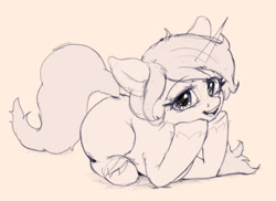 Size: 2677x1954 | Tagged: safe, artist:xbi, izzy moonbow, pony, unicorn, g5, female, happy, looking at you, mare, open mouth, open smile, simple background, sketch, smiling, solo, supporting head, unshorn fetlocks