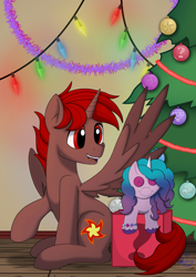 Size: 2970x4200 | Tagged: safe, artist:moony, izzy moonbow, oc, oc:hardy, alicorn, pony, unicorn, g5, alicorn oc, christmas, christmas lights, christmas tree, holiday, horn, male, new year, plushie, pony plushie, solo, spread wings, stallion, tree, wings