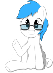 Size: 858x1174 | Tagged: safe, artist:scootaloormayfly, oc, oc only, oc:blue beryl, pegasus, pony, 2023 community collab, derpibooru community collaboration, blue fur, glasses, looking at camera, male, pegasus oc, simple background, sitting, solo, transparent background, waving, white fur