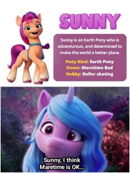 Size: 1500x1999 | Tagged: safe, edit, edited screencap, screencap, izzy moonbow, sunny starscout, earth pony, pony, unicorn, g5, my little pony: a new generation, spoiler:my little pony: a new generation, 3d, character introduction, confused, female, mare, misspelling, solo, you had one job