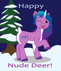 Size: 2400x2800 | Tagged: safe, artist:nebbie, izzy moonbow, deer, deer pony, original species, pony, unicorn, g5, anus, butt, female, high res, izzy moonbutt, looking at you, one eye closed, plot, pun, raised leg, simplistic anus, snow, solo, tongue out, tree, wink