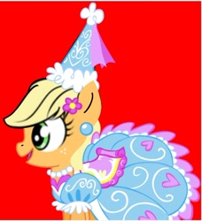 Size: 720x789 | Tagged: safe, applejack, earth pony, pony, g4, look before you sleep, applejack also dresses in style, beautiful, clothes, cute, dress, ear piercing, flower, flower in hair, froufrou glittery lacy outfit, happy, hat, hennin, jackabetes, jewelry, necklace, piercing, pretty, princess, princess applejack, puffy sleeves, red background, simple background, smiling, solo