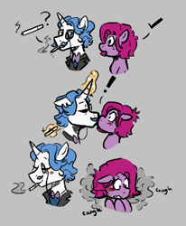 Size: 260x316 | Tagged: safe, artist:dsstoner, fancypants, pinkie pie, earth pony, pony, unicorn, g4, aggie.io, blushing, cigarette, clothes, comic, coughing, eyes closed, female, glowing, glowing horn, horn, kissing, magic, male, mare, monocle, open mouth, pinkamena diane pie, pinkiepants, shipping, simple background, smoke, smoking, stallion, straight, telekinesis