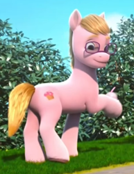 Size: 428x554 | Tagged: safe, screencap, diggy, earth pony, pony, g5, my little pony: make your mark, my little pony: make your mark chapter 2, the cutie mark mix-up, spoiler:g5, spoiler:my little pony: make your mark, 3d, bush, cropped, drinking straw, glasses, grass, hoof hold, male, outdoors, raised hoof, smiling, smoothie, solo, stallion, unshorn fetlocks