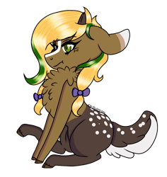 Size: 868x921 | Tagged: safe, artist:bluebellrosethepony, oc, oc only, oc:vittaria black, deer, deer pony, hybrid, original species, pony, bow, chest fluff, hair bow, offspring, parent:oc:bada nevada, parent:oc:vermont black, parents:oc x oc, pouting, simple background, sitting, solo, spots, transparent background